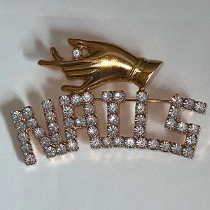 Vintage MCM Gold Tone Clear Rhinestone "NAILS" Nail Salon Manicurist Brooch Pin